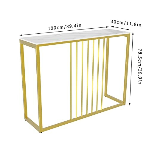 Table console moderne avec cadre doré et dessus blanc, dimensions indiquées.