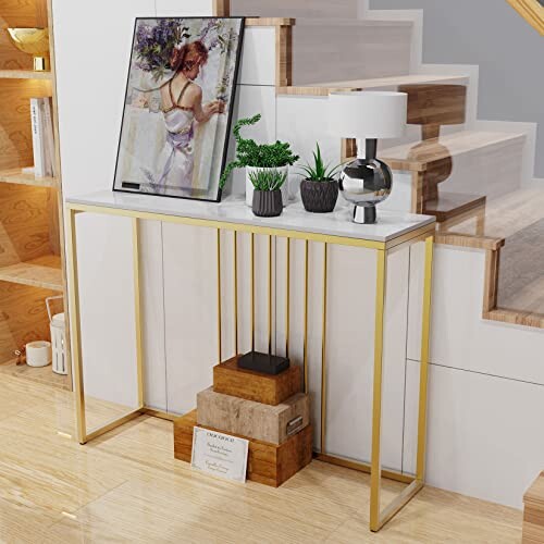 Table console moderne avec décoration et plantes.